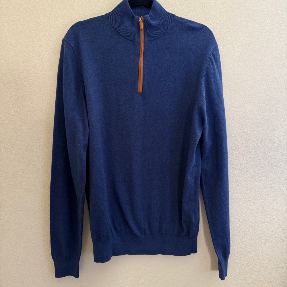Collars & Co Mens L Blue Cotton Cashmere Blend Quarter Zip Sweater NWT